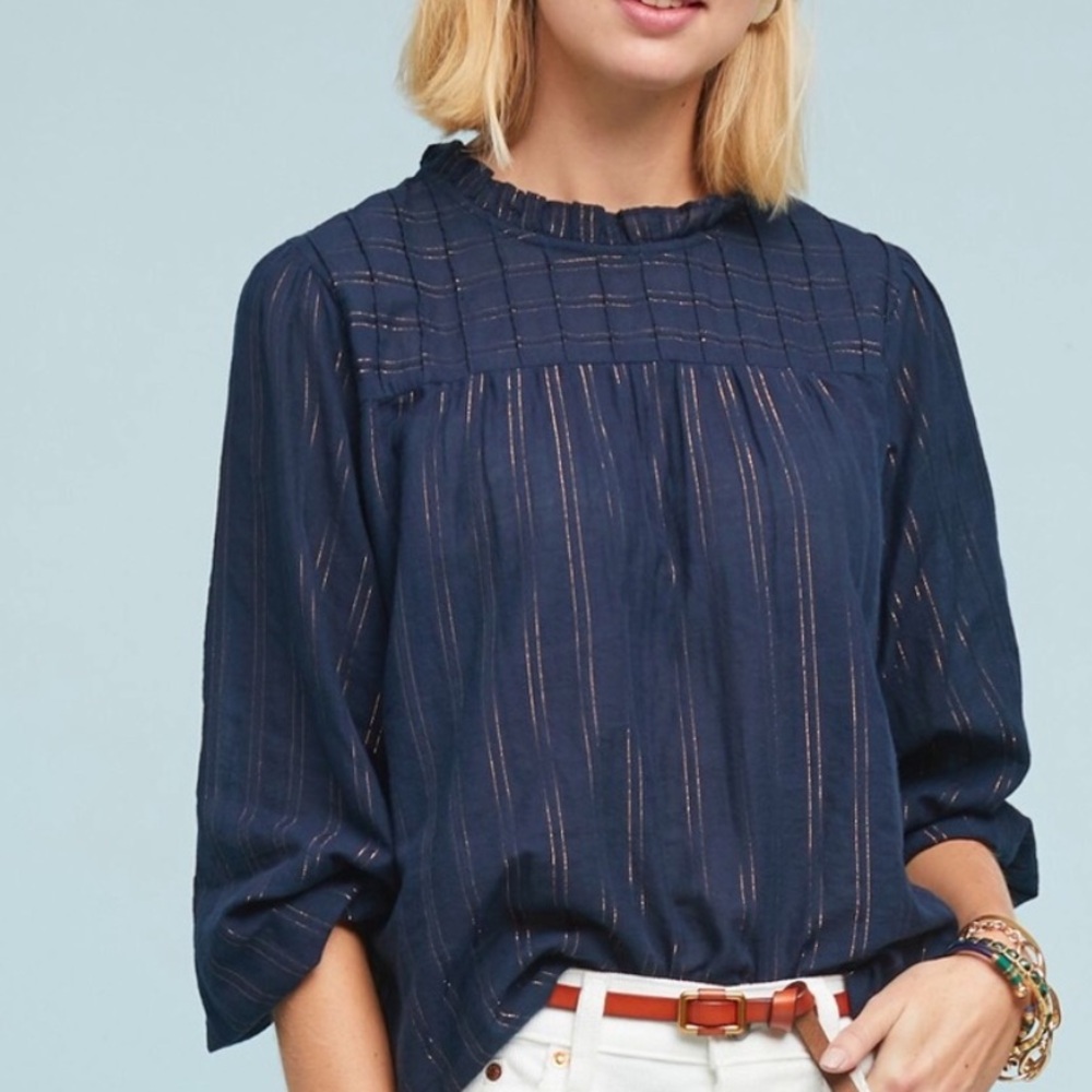 Anthropologie Maeve Reston Navy Metallic Stripe Top Size M